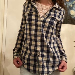 white, cream, and navy Anthropologie flannel